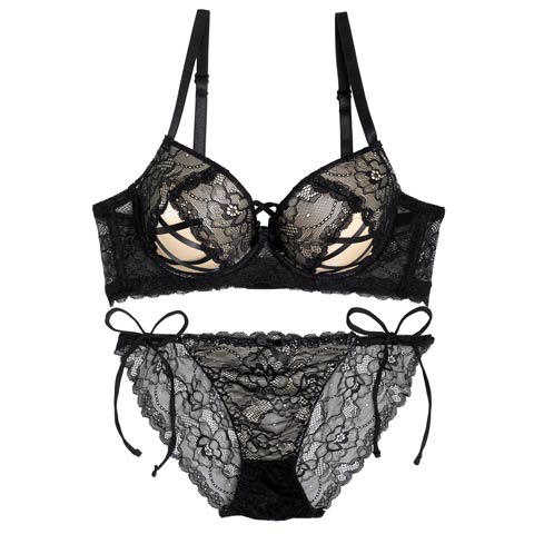 【EFサイズ】ビタースウィートレース育乳脇高ブラジャー&サイド紐バック透けフルバックショーツ［大人気］(シャンパンゴールド-E65/ショーツM)