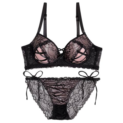 【EFサイズ】ビタースウィートレース育乳脇高ブラジャー&サイド紐バック透けフルバックショーツ［大人気］(ダスティピンク-E65/ショーツM)