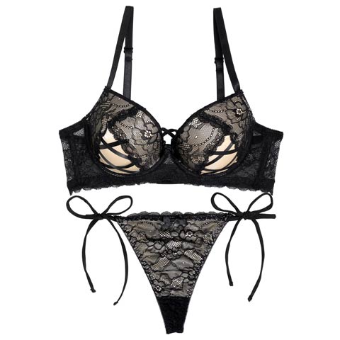 【EFサイズ】ビタースウィートレース育乳脇高ブラジャー&サイド紐バック透けTバックショーツ［大人気］(シャンパンゴールド-E65/ショーツM)