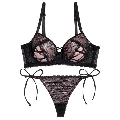 【EFサイズ】ビタースウィートレース育乳脇高ブラジャー&サイド紐バック透けTバックショーツ［大人気］(ダスティピンク-E65/ショーツM)