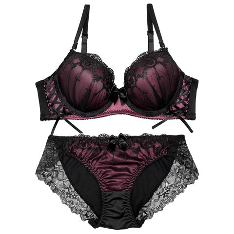 ラビリンスシアーレースアップブラジャー&フルバックショーツ［激売れ］(パープル-A65/ショーツM)