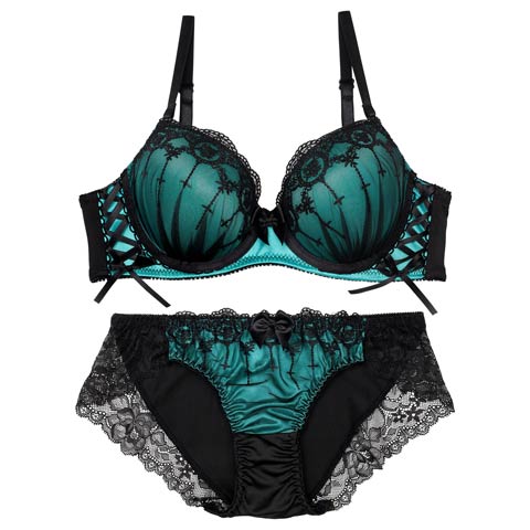 ラビリンスシアーレースアップブラジャー&フルバックショーツ［激売れ］(ターコイズブルー-A65/ショーツM)