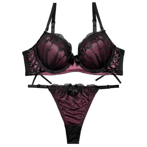 ラビリンスシアーレースアップブラジャー&Tバックショーツ［激売れ］(パープル-A65/ショーツM)