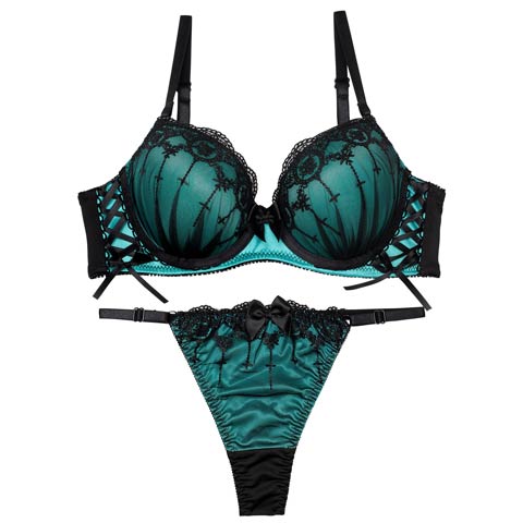 ラビリンスシアーレースアップブラジャー&Tバックショーツ［激売れ］(ターコイズブルー-A65/ショーツM)