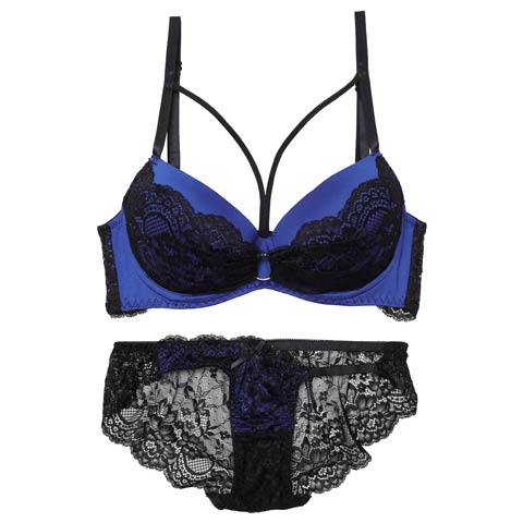 【EFサイズ】センシュアルネオンリングコード育乳脇高ブラジャー&バック透けフルバックショーツ［大人気］(ブルー-E65/ショーツM)