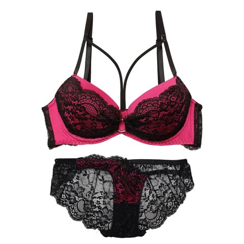 【EFサイズ】センシュアルネオンリングコード育乳脇高ブラジャー&バック透けフルバックショーツ［大人気］(ローズピンク-E65/ショーツM)