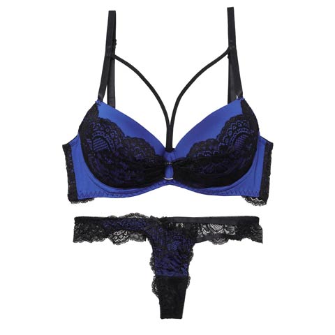 【EFサイズ】センシュアルネオンリングコード育乳脇高ブラジャー&バック透けTバックショーツ［大人気］(ブルー-E65/ショーツM)