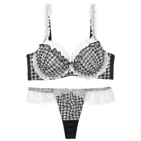 【12月頃再入荷決定★只今リクエスト募集中】【かとゆり着用】【EFサイズ】ファンシーギンガムシアーフリル育乳脇高ブラジャー&Tバックショーツ［大人気］(ブラック-E65/ショーツM)