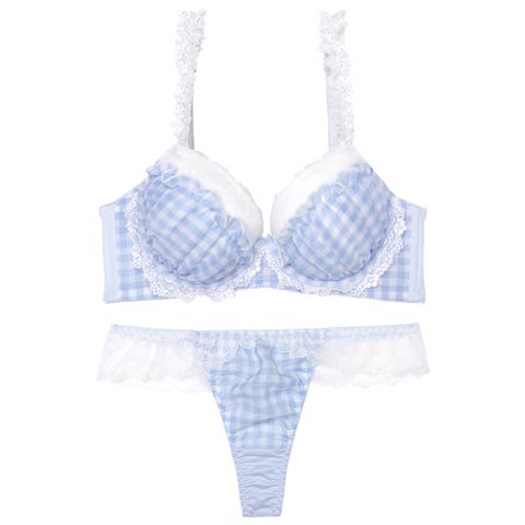 【12月頃再入荷決定★只今リクエスト募集中】【かとゆり着用】【EFサイズ】ファンシーギンガムシアーフリル育乳脇高ブラジャー&Tバックショーツ［大人気］(サックス-E65/ショーツM)