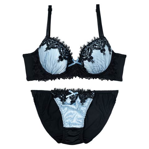 ゴシックケミカルレース育乳脇高ブラジャー&フルバックショーツ［激売れ］［週末セール］(ブルー-A65/ショーツM)