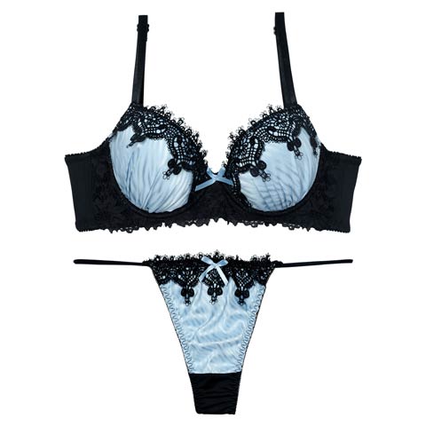 ゴシックケミカルレース育乳脇高ブラジャー&Tバックショーツ［激売れ］(ブルー-A65/ショーツM)