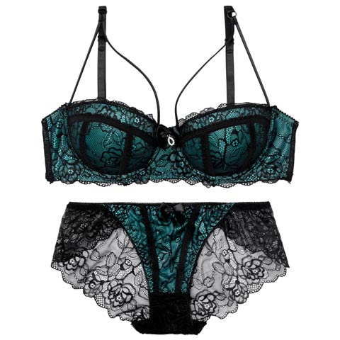 【EFサイズ】マジェスティックシアーレーシィブラジャー&バック透けフルバックショーツ［大人気］(グリーン-E65/ショーツM)