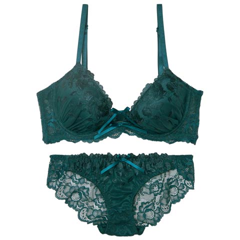【三上悠亜着用】【EFサイズ】ブロッサムコードリボン育乳脇高ブラジャー&バック透けフルバックショーツ［大人気］(グリーン-E65/ショーツM)