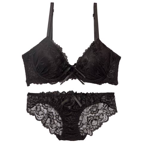 【三上悠亜着用】【EFサイズ】ブロッサムコードリボン育乳脇高ブラジャー&バック透けフルバックショーツ［大人気］(ブラック-E65/ショーツM)