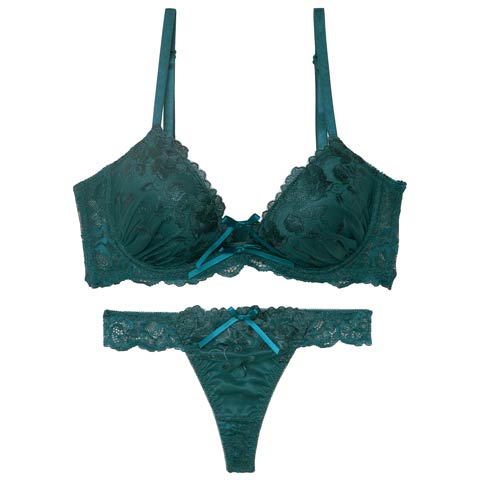 【三上悠亜着用】【EFサイズ】ブロッサムコードリボン育乳脇高ブラジャー&バック透けTバックショーツ［大人気］(グリーン-E65/ショーツM)