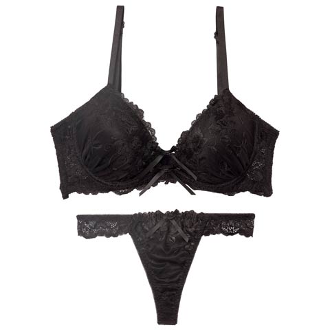 【三上悠亜着用】【GHサイズ】ブロッサムコードリボン育乳脇高ブラジャー&バック透けTバックショーツ［大人気］(ブラック-G65/ショーツM)