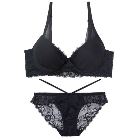 【三上悠亜着用】【EFサイズ】ラグジュアリーチュールカップ育乳脇高ブラジャー&バック透けフルバックショーツ［大人気］(ブラック-E65/ショーツM)