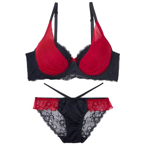 【三上悠亜着用】【EFサイズ】ラグジュアリーチュールカップ育乳脇高ブラジャー&バック透けフルバックショーツ［大人気］(レッド-E65/ショーツM)