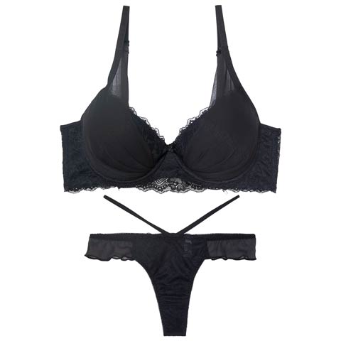 【三上悠亜着用】【GHサイズ】ラグジュアリーチュールカップ育乳脇高ブラジャー&バック透けTバックショーツ［大人気］(ブラック-G65/ショーツM)