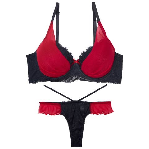 【三上悠亜着用】【GHサイズ】ラグジュアリーチュールカップ育乳脇高ブラジャー&バック透けTバックショーツ［大人気］(レッド-G65/ショーツM)