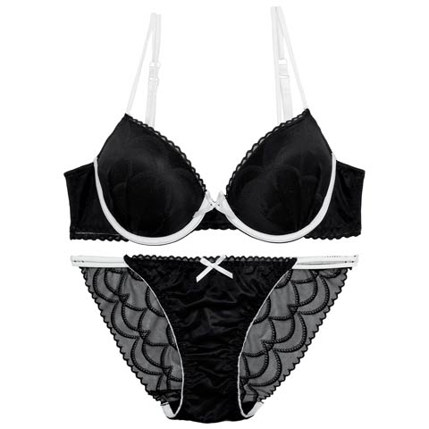 【EFサイズ】バイカラーシアースカラップブラジャー&バック透けフルバックショーツ［大人気］(ブラック-E65/ショーツM)