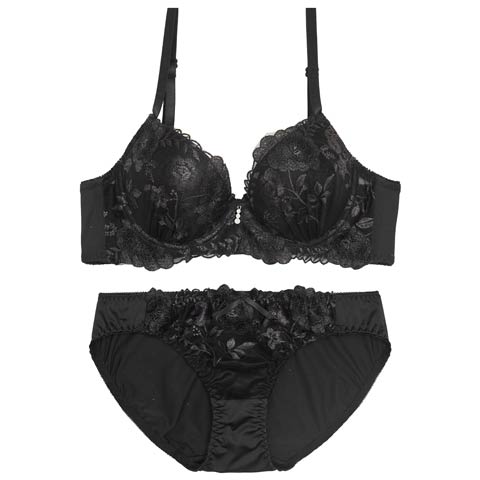 クラシックモノトーンブルーム育乳脇高ブラジャー&フルバックショーツ［激売れ］(ブラック-A65/ショーツM)