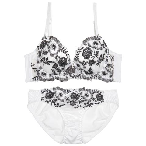 クラシックモノトーンブルーム育乳脇高ブラジャー&フルバックショーツ［激売れ］(ホワイト-A65/ショーツM)