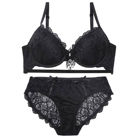 【EFサイズ】ヴィーナスシルエットレースブラジャー&バック透けフルバックショーツ［大人気］(ブラック-E65/ショーツM)