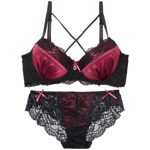【EFサイズ】ディープサテンリボンコード育乳脇高ブラジャー&バック透けフルバックショーツ［大人気］(ワインレッド-E65/ショーツM)