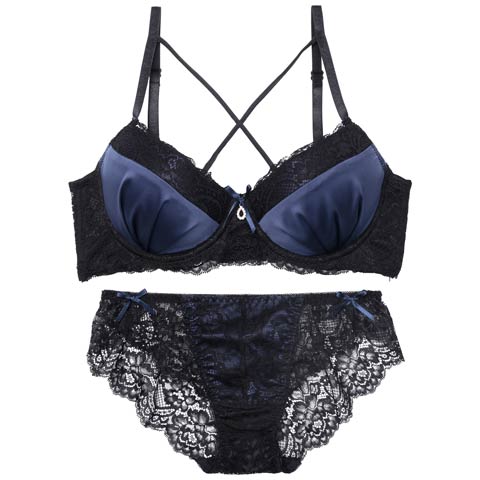 【EFサイズ】ディープサテンリボンコード育乳脇高ブラジャー&バック透けフルバックショーツ［大人気］(ネイビー-E65/ショーツM)