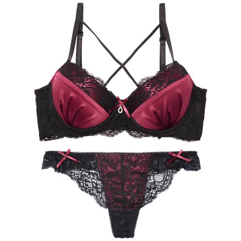 【EFサイズ】ディープサテンリボンコード育乳脇高ブラジャー&バック透けTバックショーツ［大人気］(ワインレッド-E65/ショーツM)