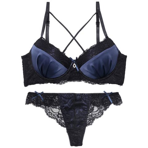 【EFサイズ】ディープサテンリボンコード育乳脇高ブラジャー&バック透けTバックショーツ［大人気］(ネイビー-E65/ショーツM)