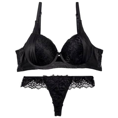 【三上悠亜着用】【EFサイズ】ノーブルレーシィホール育乳脇高ブラジャー&バック透けTバックショーツ［大人気］(ブラック-E65/ショーツM)