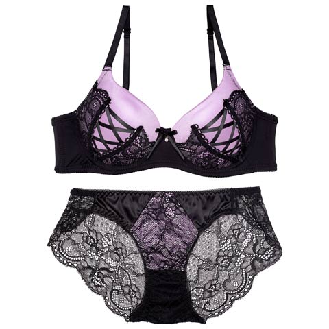 アリュールレースアップ育乳脇高ブラジャー&バック透けフルバックショーツ［激売れ］［週替］[スーパーセール](パープル-A65/ショーツM)