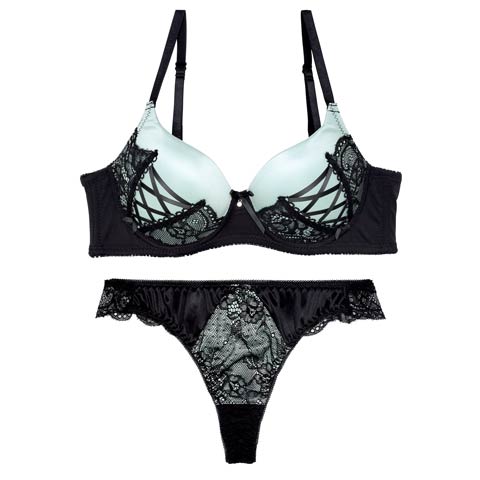 アリュールレースアップ育乳脇高ブラジャー&バック透けTバックショーツ［激売れ］［週替］[スーパーセール](ミント-A65/ショーツM)