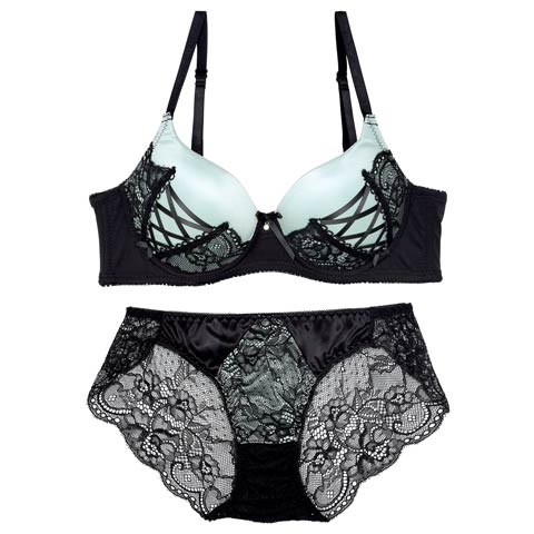 【EFサイズ】アリュールレースアップ育乳脇高ブラジャー&バック透けフルバックショーツ［大人気］(ミント-E65/ショーツM)