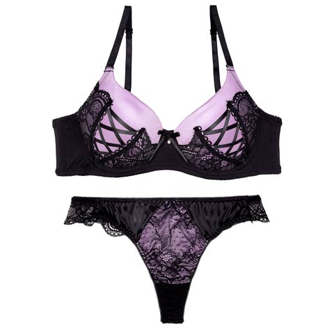 【EFサイズ】アリュールレースアップ育乳脇高ブラジャー&バック透けTバックショーツ［大人気］(パープル-E65/ショーツM)