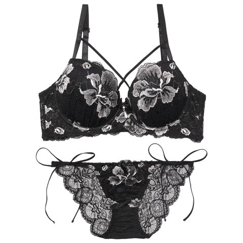 【三上悠亜着用】マジェスティックフルール育乳脇高ブラジャー&バック透けサイド紐フルバックショーツ［激売れ］(グレー-A65/ショーツM)