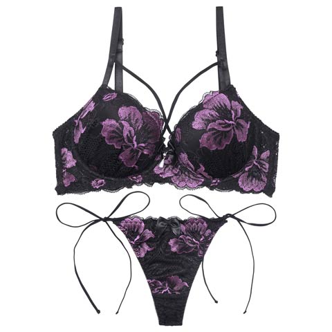 【三上悠亜着用】マジェスティックフルール育乳脇高ブラジャー&バック透けサイド紐Tバックショーツ［激売れ］(パープル-A65/ショーツM)