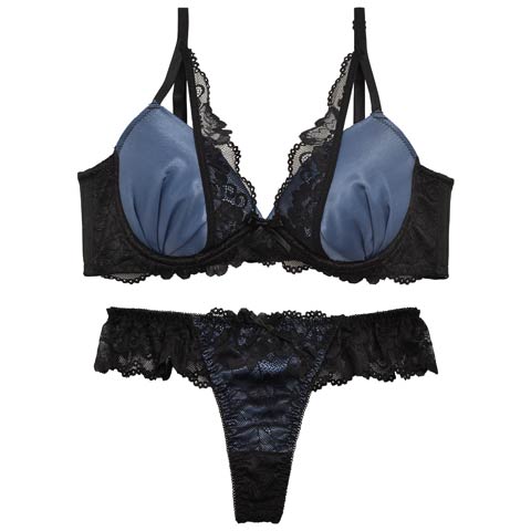 11/15再販!【三上悠亜着用】ロイヤルサテンレース育乳脇高ブラジャー&バック透けTバックショーツ［激売れ］(ブルー-A65/ショーツM)