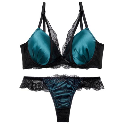 11/15再販!【三上悠亜着用】ロイヤルサテンレース育乳脇高ブラジャー&バック透けTバックショーツ［激売れ］(ブルーグリーン-A65/ショーツM)