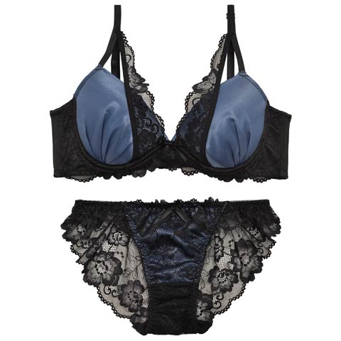 11/15再販!【三上悠亜着用】【EFサイズ】ロイヤルサテンレース育乳脇高ブラジャー&バック透けフルバックショーツ［大人気］(ブルー-E65/ショーツM)