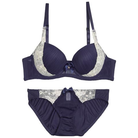 10/15新作!プリーツフラワーレースブラジャー&フルバックショーツ［激売れ］(ネイビー-A65/ショーツM)