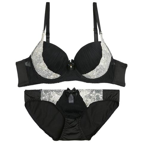10/15新作!プリーツフラワーレースブラジャー&フルバックショーツ［激売れ］(ブラック-A65/ショーツM)