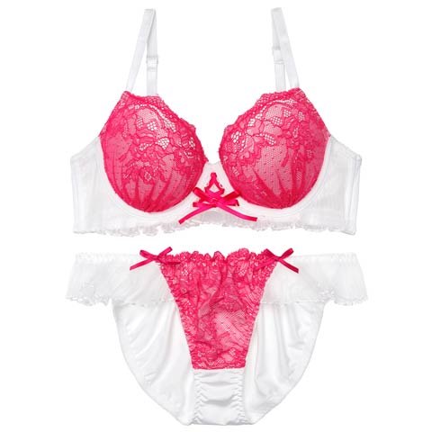 【EFサイズ】エアリーフリルレースブラジャー&フルバックショーツ［大人気］(ピンク-E65/ショーツM)
