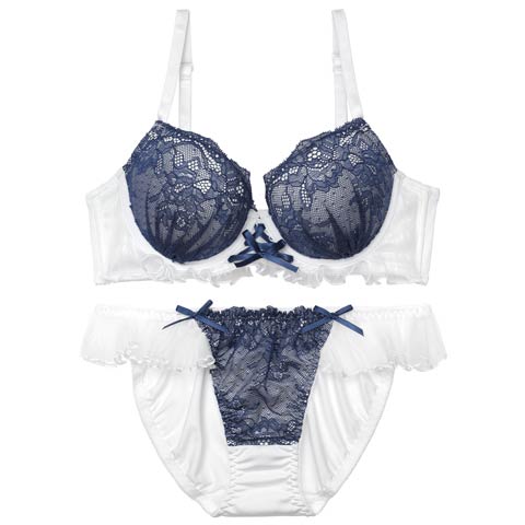 【EFサイズ】エアリーフリルレースブラジャー&フルバックショーツ［大人気］(ネイビー-E65/ショーツM)