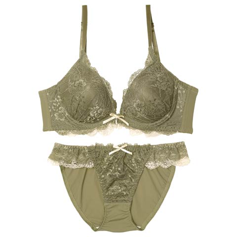 11/22再販!エレガントバイカラーレース育乳脇高ブラジャー&フルバックショーツ［激売れ］(カーキ-A65/ショーツM)