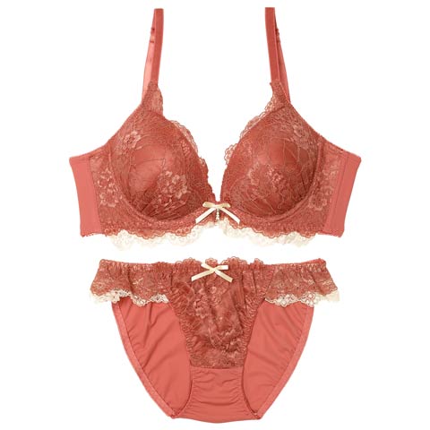 11/22再販!エレガントバイカラーレース育乳脇高ブラジャー&フルバックショーツ［激売れ］(テラコッタ-A65/ショーツM)