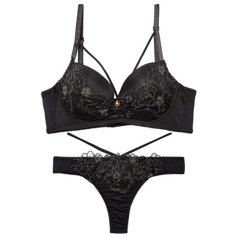 10/1新作!【三上悠亜着用】【EFサイズ】グラマラスコードフラワー育乳脇高ブラジャー&Tバックショーツ［大人気］(ブラック-E65/ショーツM)