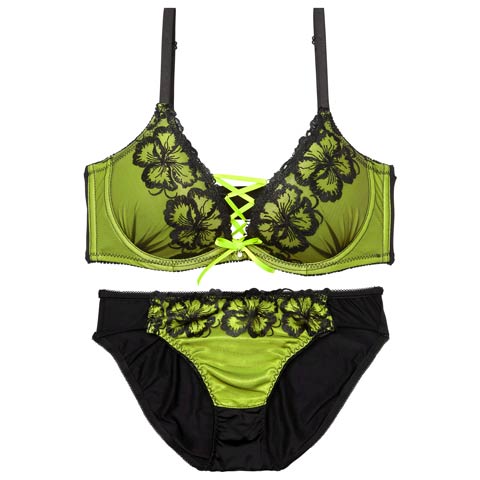 ネオンフラワースピンドル育乳脇高ブラジャー&フルバックショーツ［激売れ］(グリーン-A65/ショーツM)